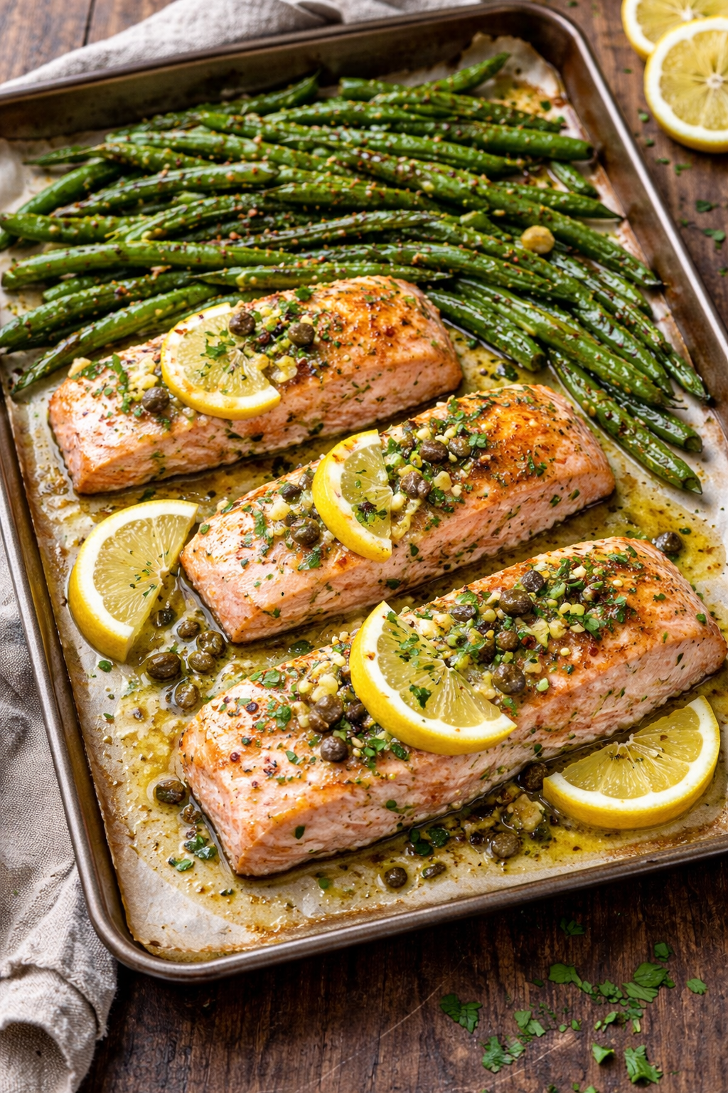 Oven-Baked Lemon Butter Salmon with Crispy Green Beans