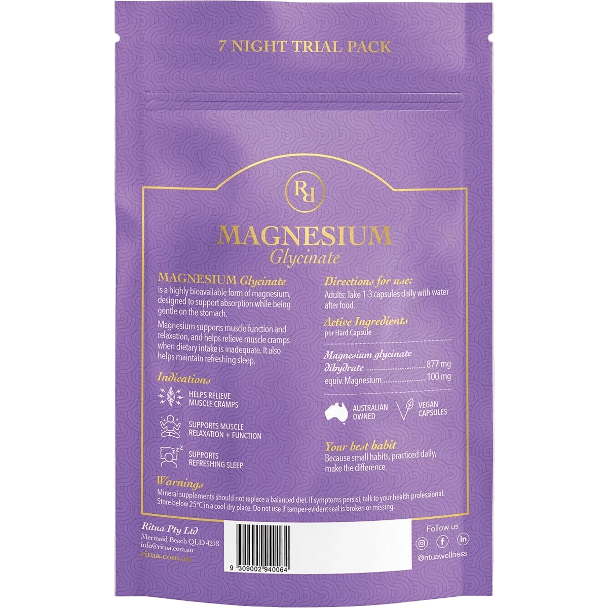 Back of Ritua 7 Night Trial Pack Magnesium Glycinate - 14 Capsules packaging showing usage, ingredients and Australian family business details.