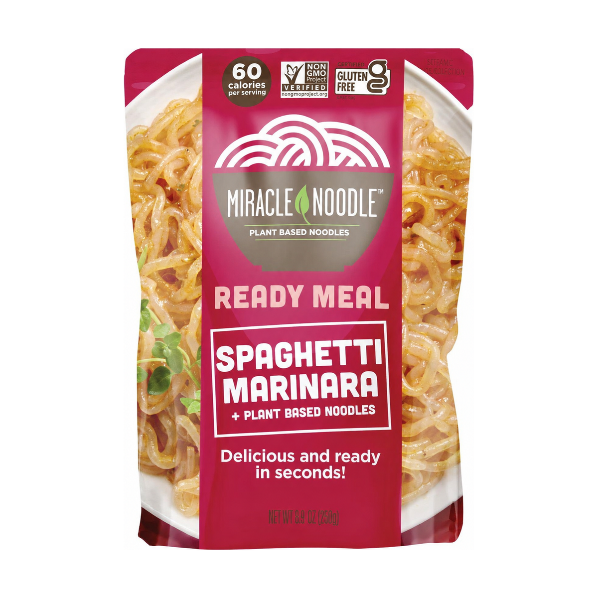 Miracle Noodle Spaghetti Marinara konjac noodles ready meal, 280 g pouch front