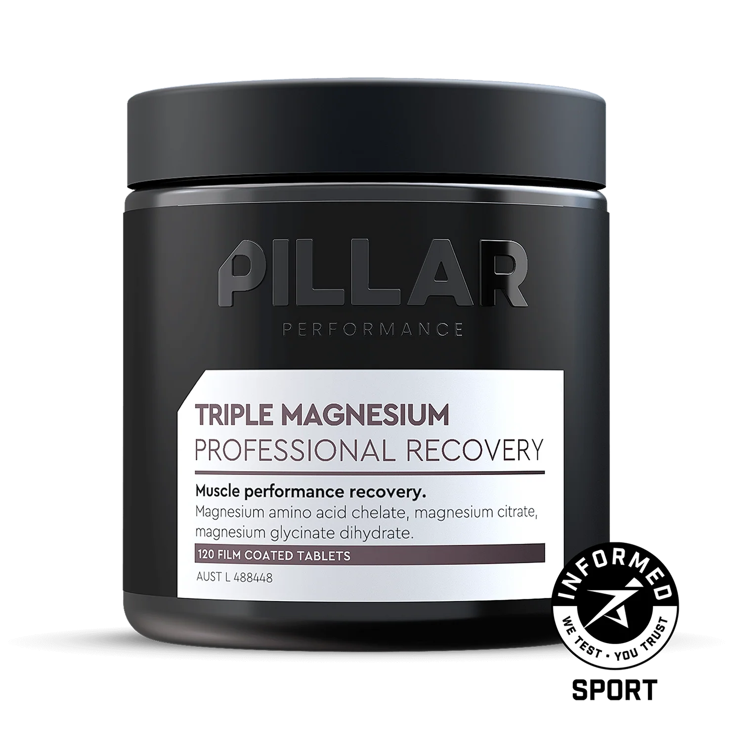 Pillar Performance Triple Magnesium Professional Recovery powder jar on a white background