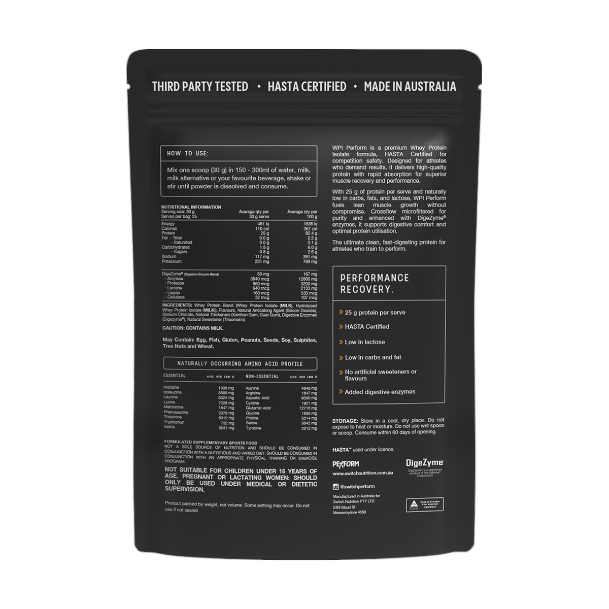 Back of the Switch Nutrition Whey Protein Isolate Perform Vanilla 750 g pouch with directions, nutrition information and ingredients