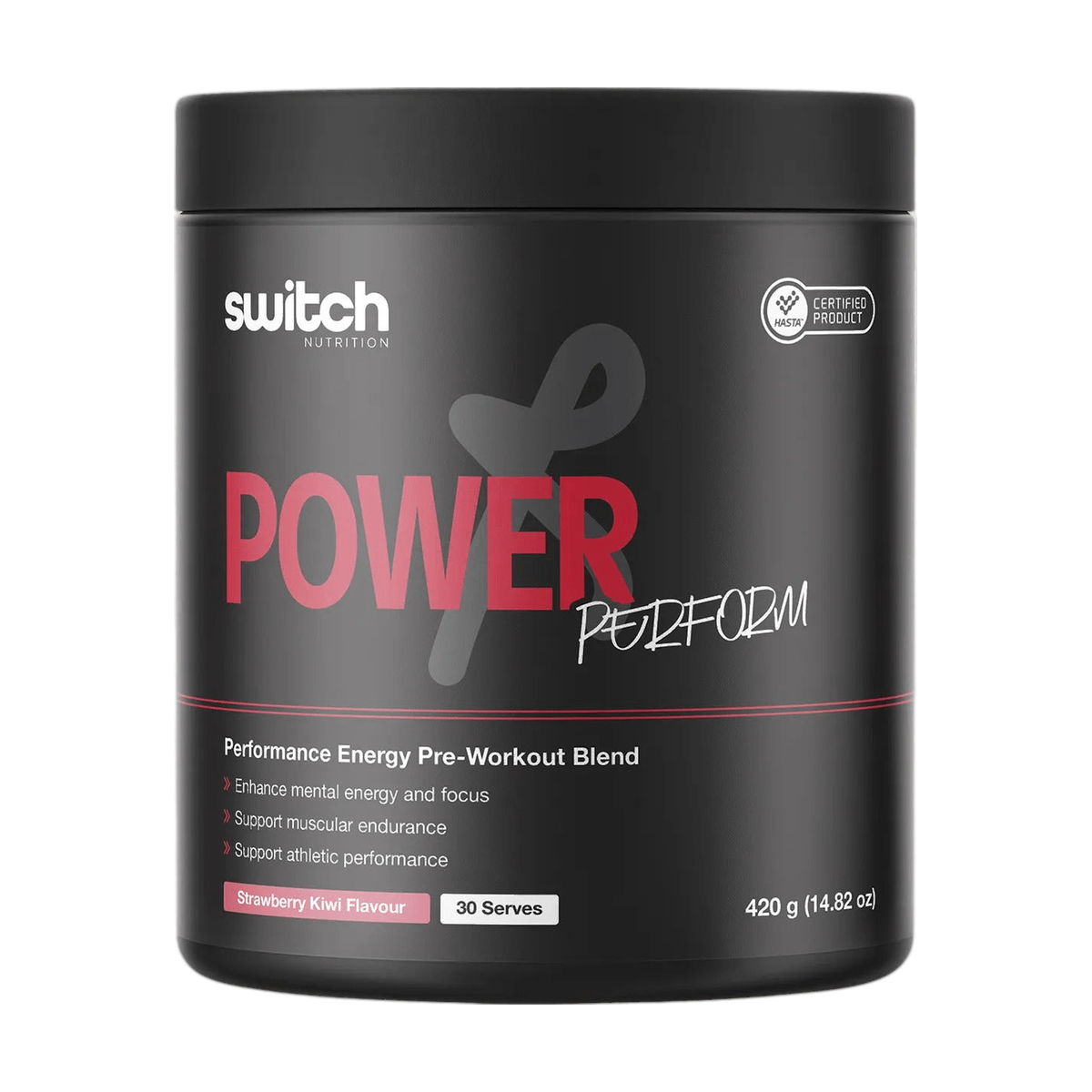 Front of the Switch Nutrition Power Perform Pre-Workout Blend Strawberry Kiwi 420 g tub