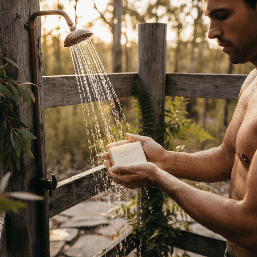 Man using Bare Bar Tallow Soap in Australian bush shower