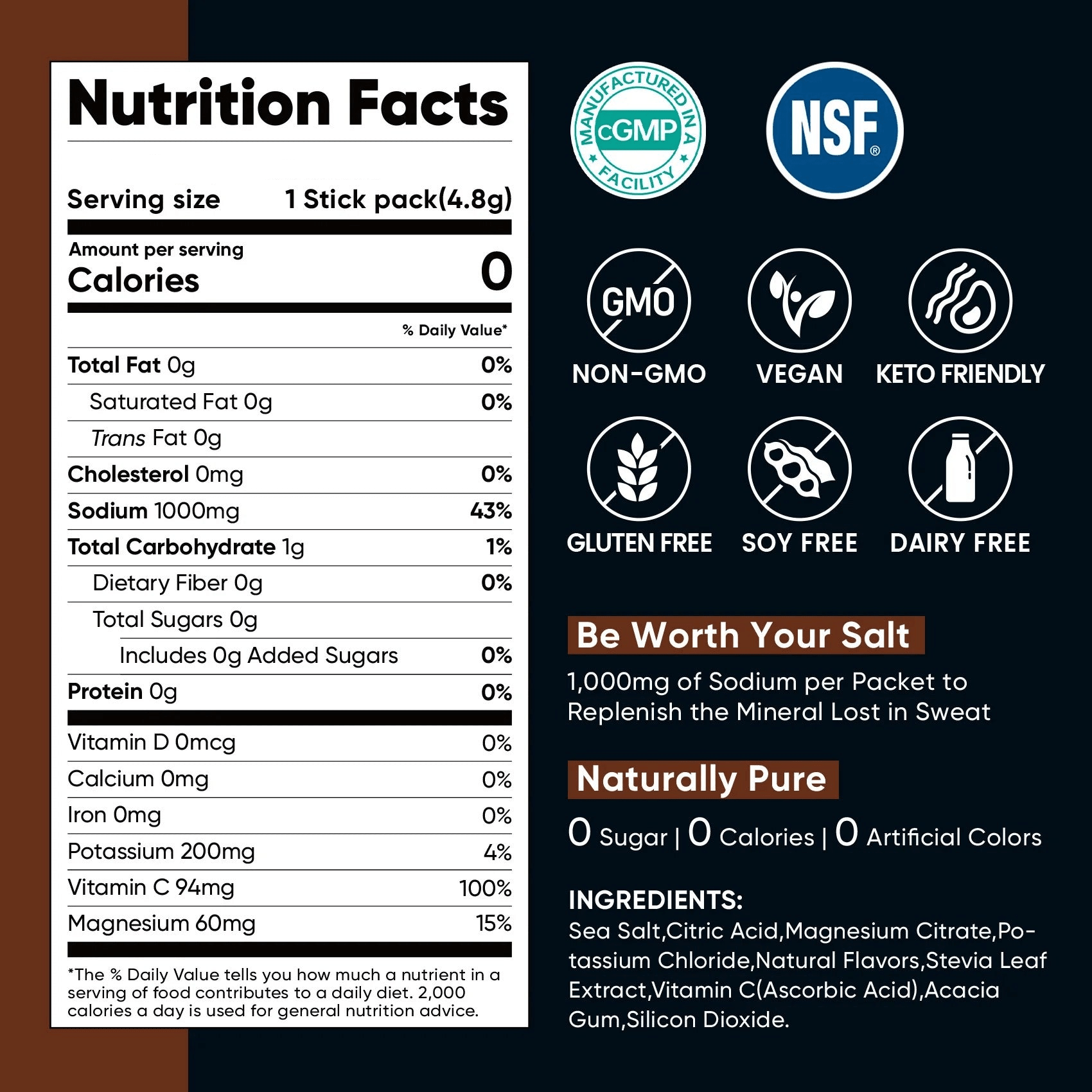 Nutrition facts label for Chocolate Electrolyte Drink Mix - 30 Sticks by Venture Pal with zero calories and key minerals.