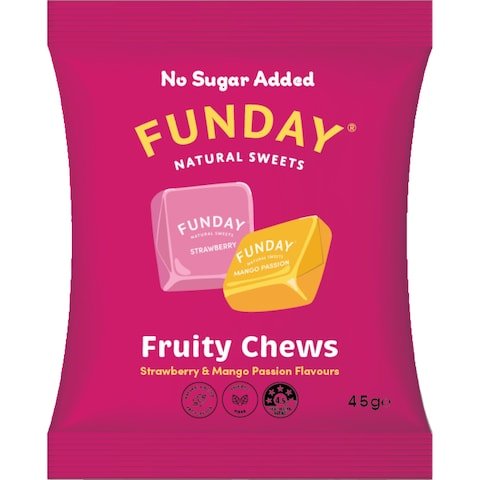 A pink 45g packet of Funday Fruity Chews labeled No Sugar Added and Natural Sweets, packed with plant-based prebiotic fibre, featuring chewy strawberry and mango passion candies.