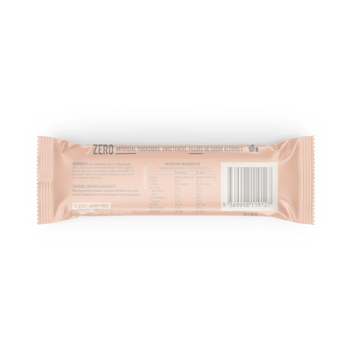 Chief Collagen Bar Hazelnut Brownie 45 g, back of wrapper with ingredients and nutrition information