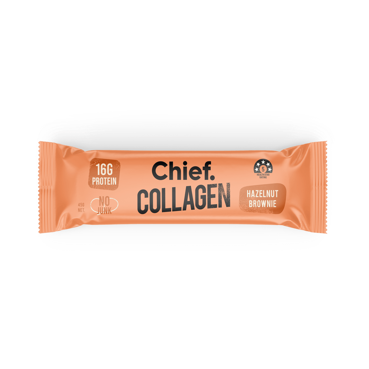 Chief Collagen Bar Hazelnut Brownie 45 g, front of wrapper