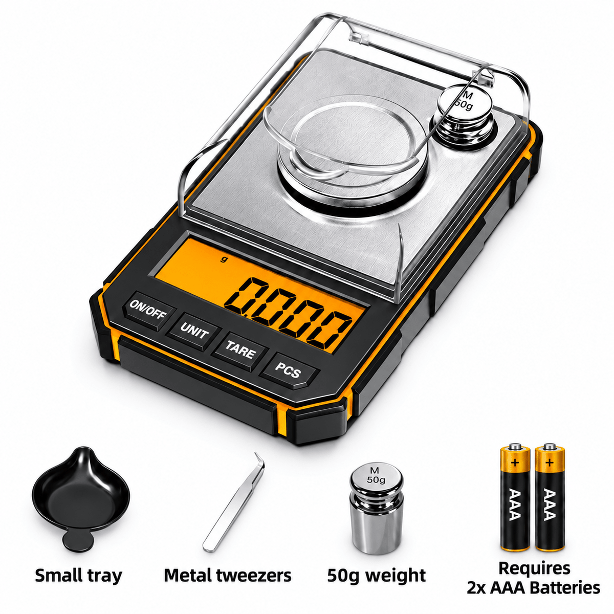 Digital pocket scale with a clear protective cover, black and orange body, silver weighing platform, and an orange backlit display. Shown with included accessories: a small black tray, metal tweezers, a 50g weight, and two AAA batteries on a white background.