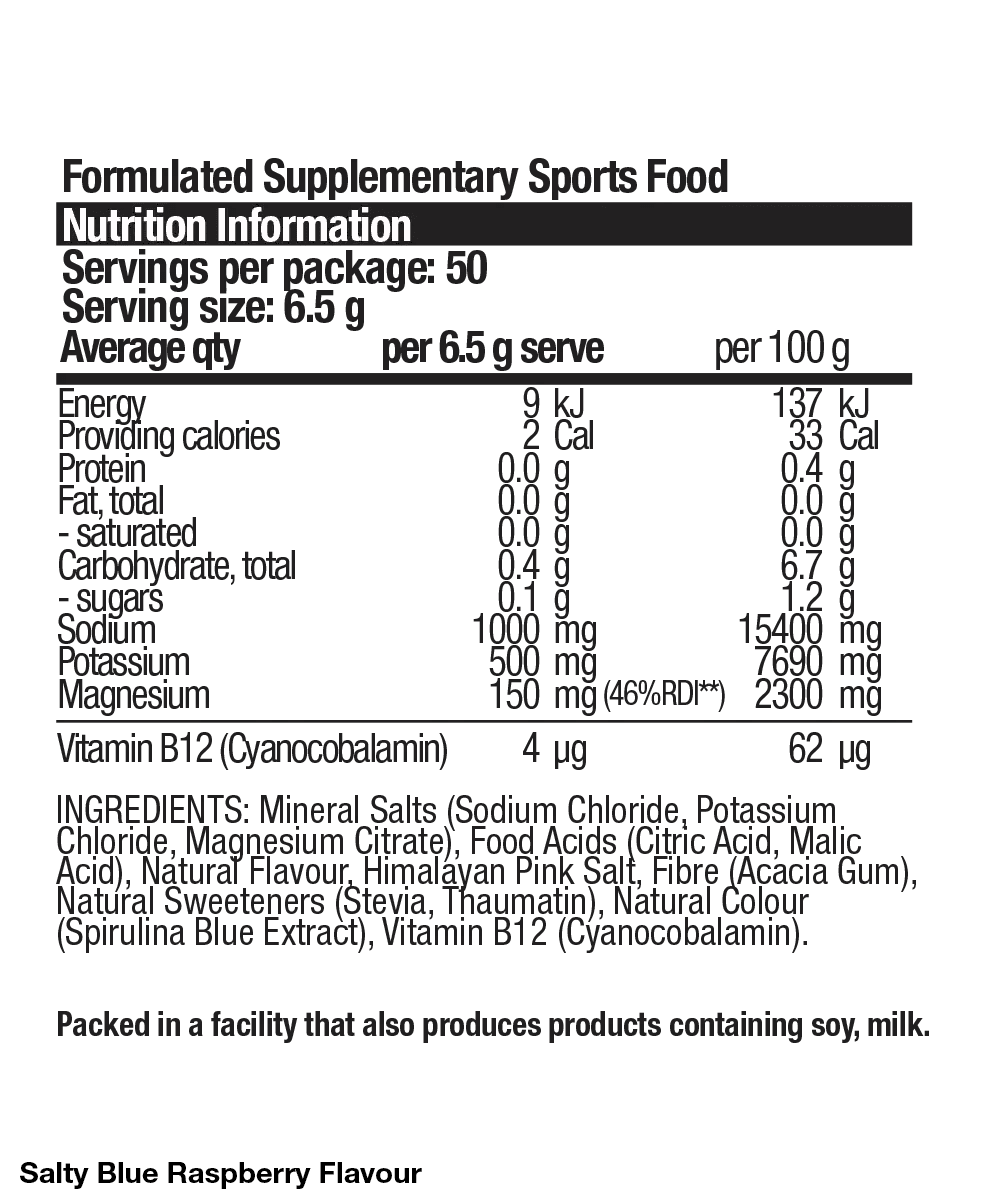 Nutrition information label for a formulated supplementary sports food product.
