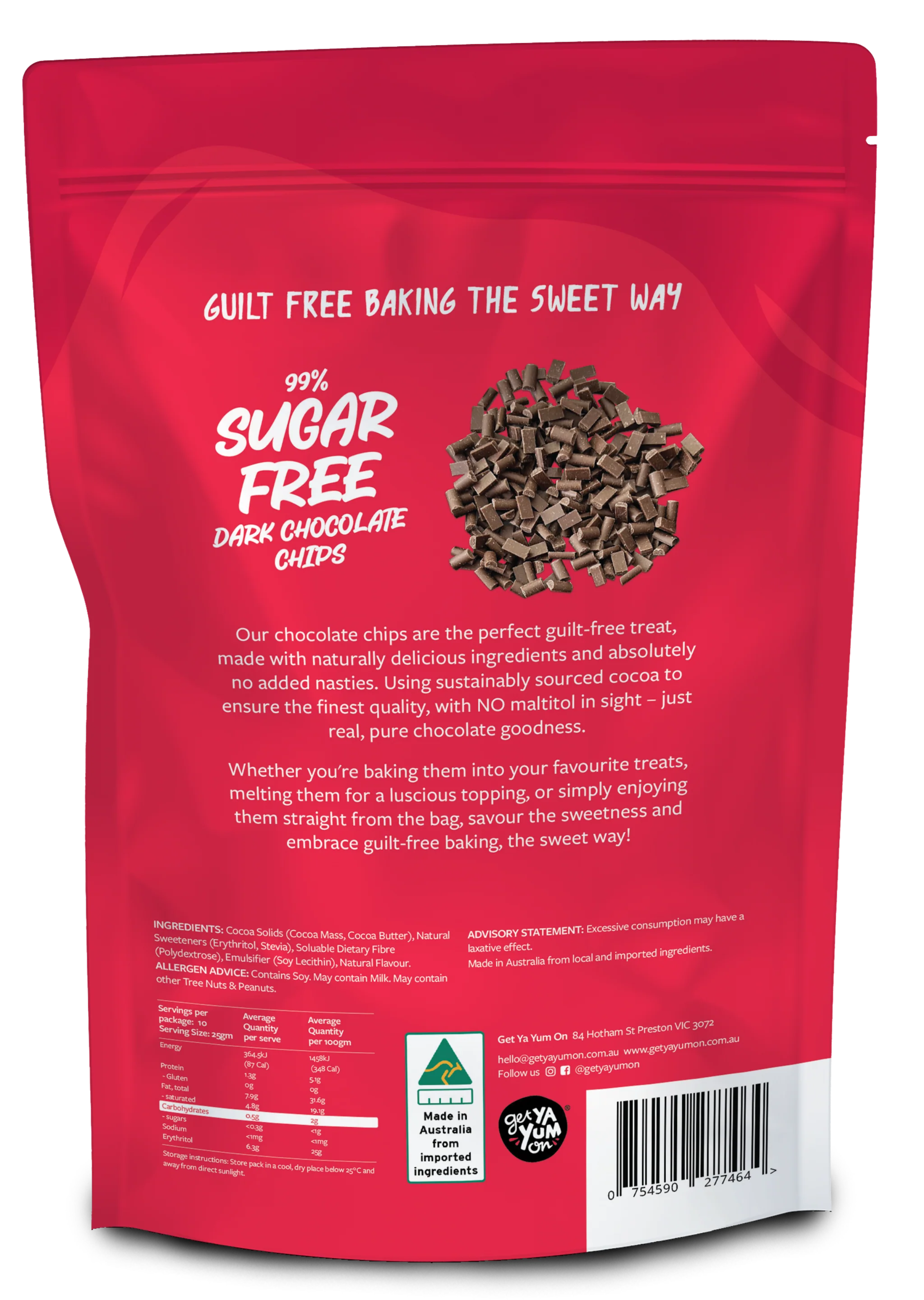 99% Sugar Free 65% Dark Chocolate Chips 250g