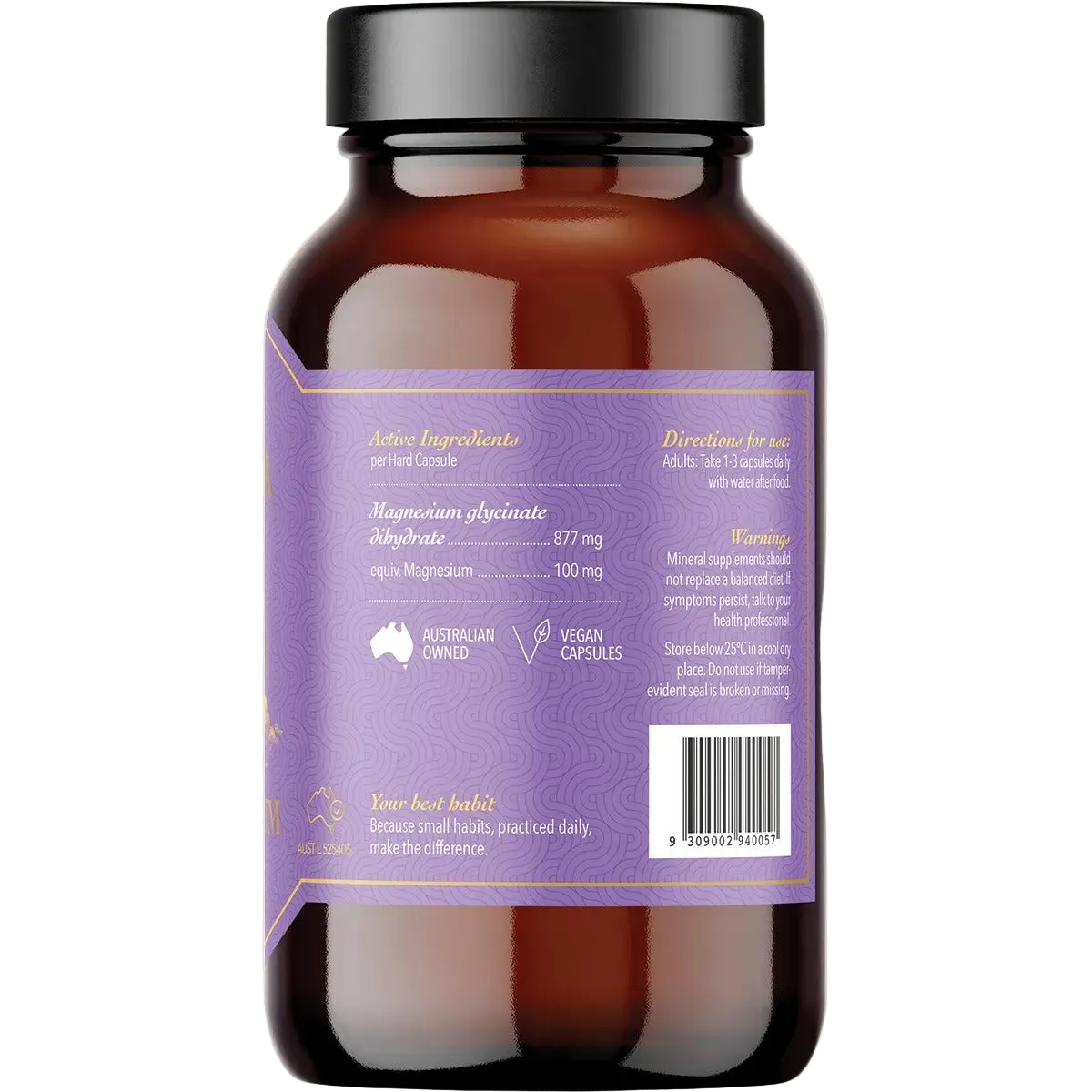Back of Ritua Magnesium Glycinate - 120 Capsules bottle showing ingredients, directions, and warnings label.