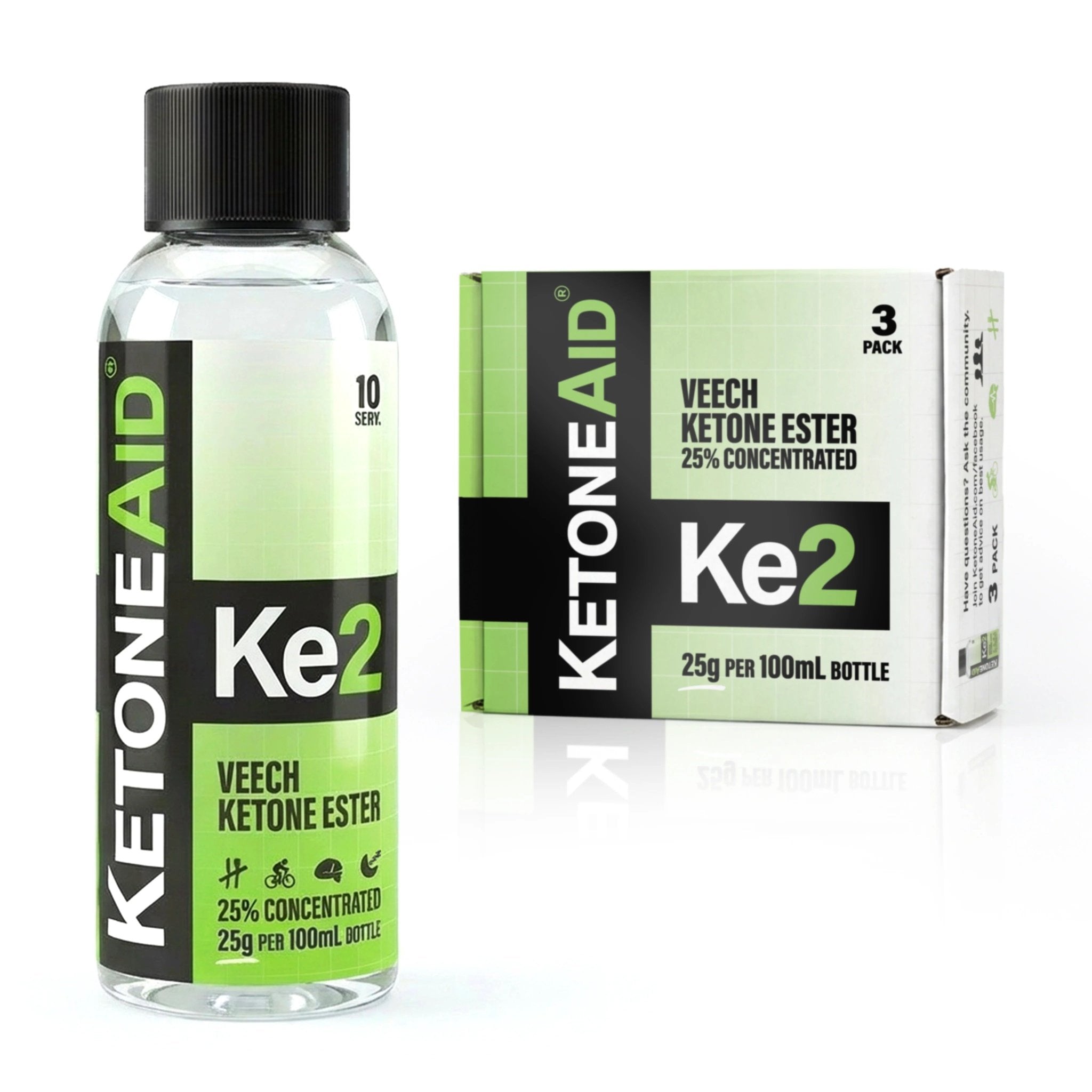 KE2 Ketone Ester Drink - 100ml x 3 pack with KetoneAid branding, green and black label, new arrivals collection