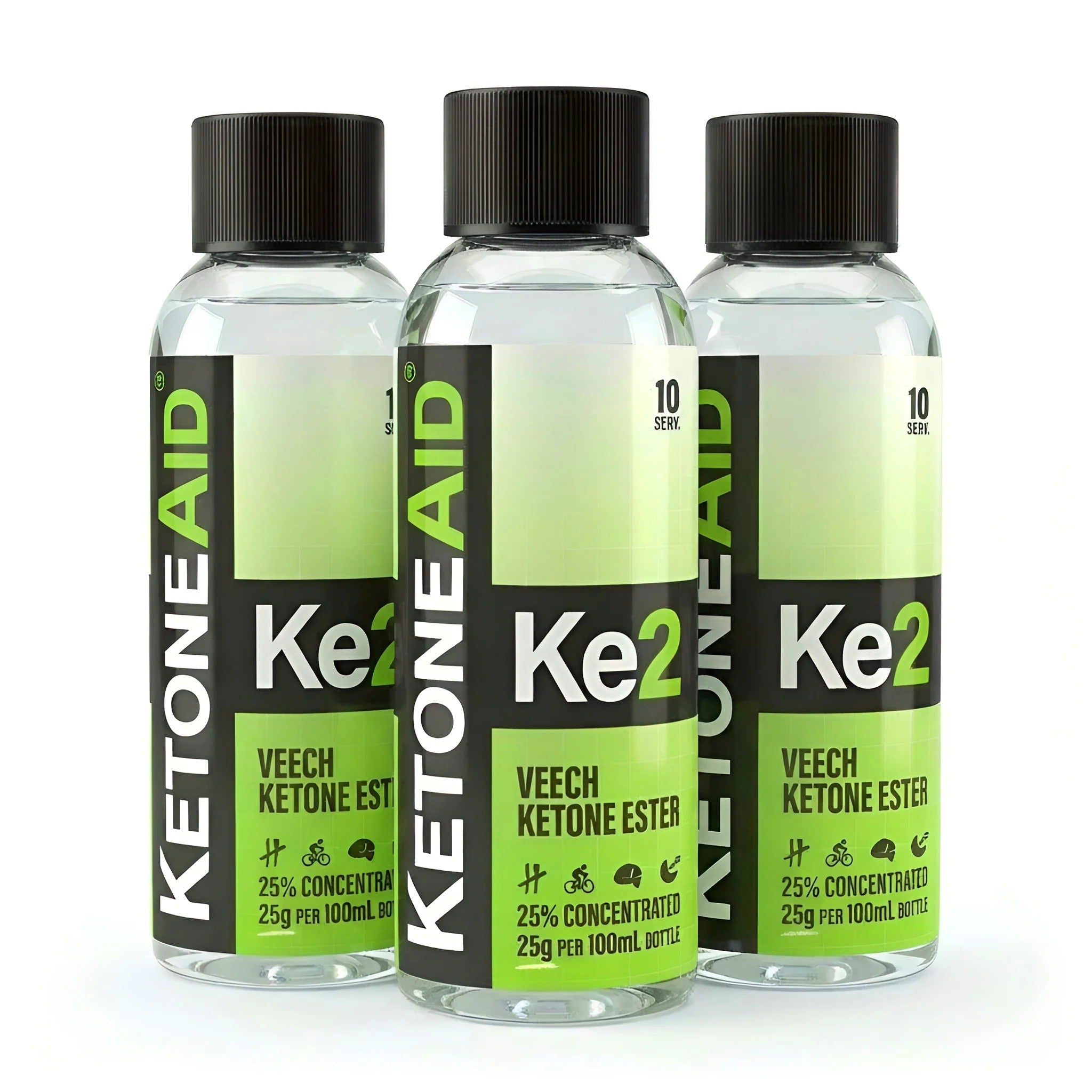 Three bottles of KE2 Ketone Ester Drink - 100ml x 3 by Ketoneaid in green and black packaging for low carb and keto collections.