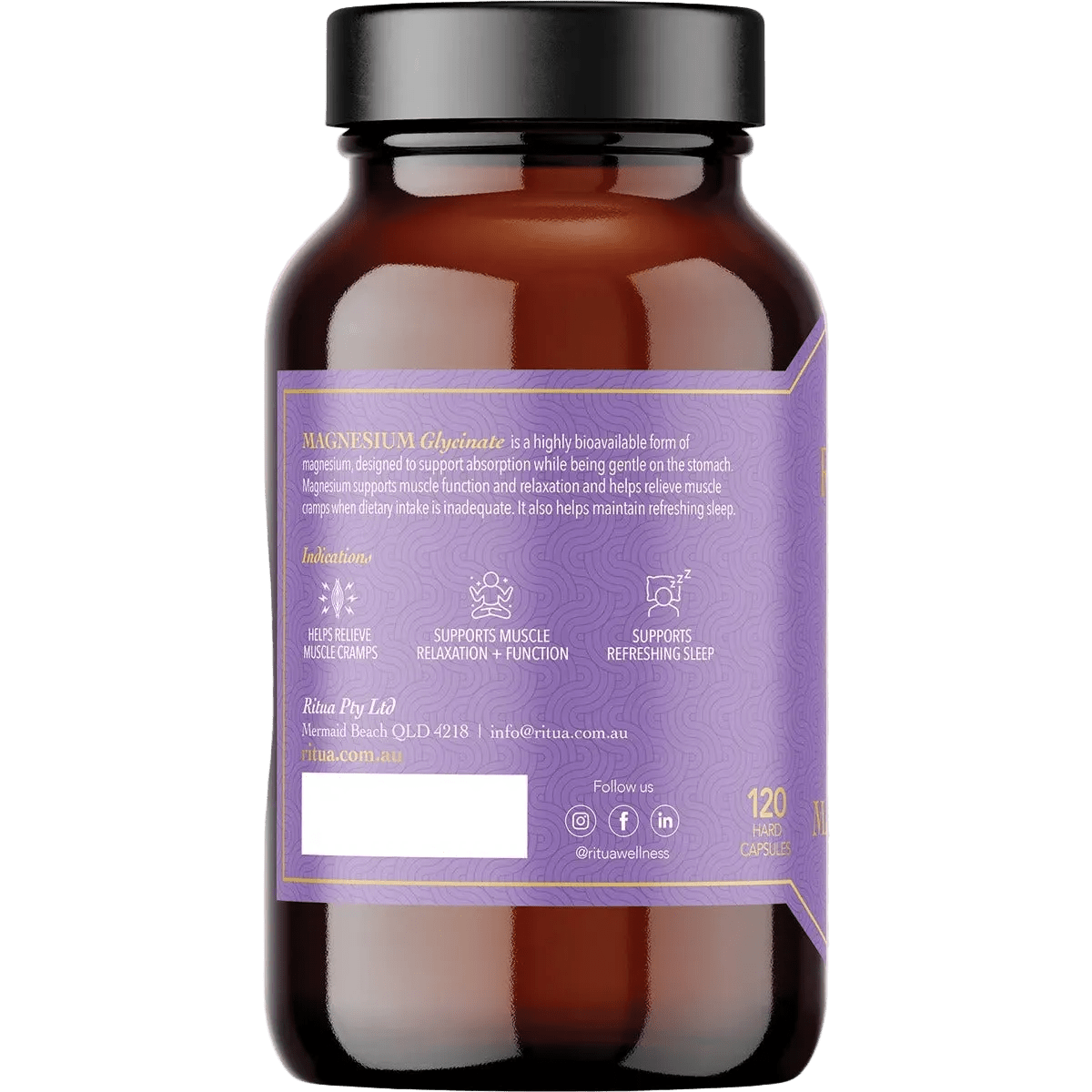 Brown bottle of Magnesium Glycinate - 120 Capsules by Ritua with purple label showing usage benefits and contact info