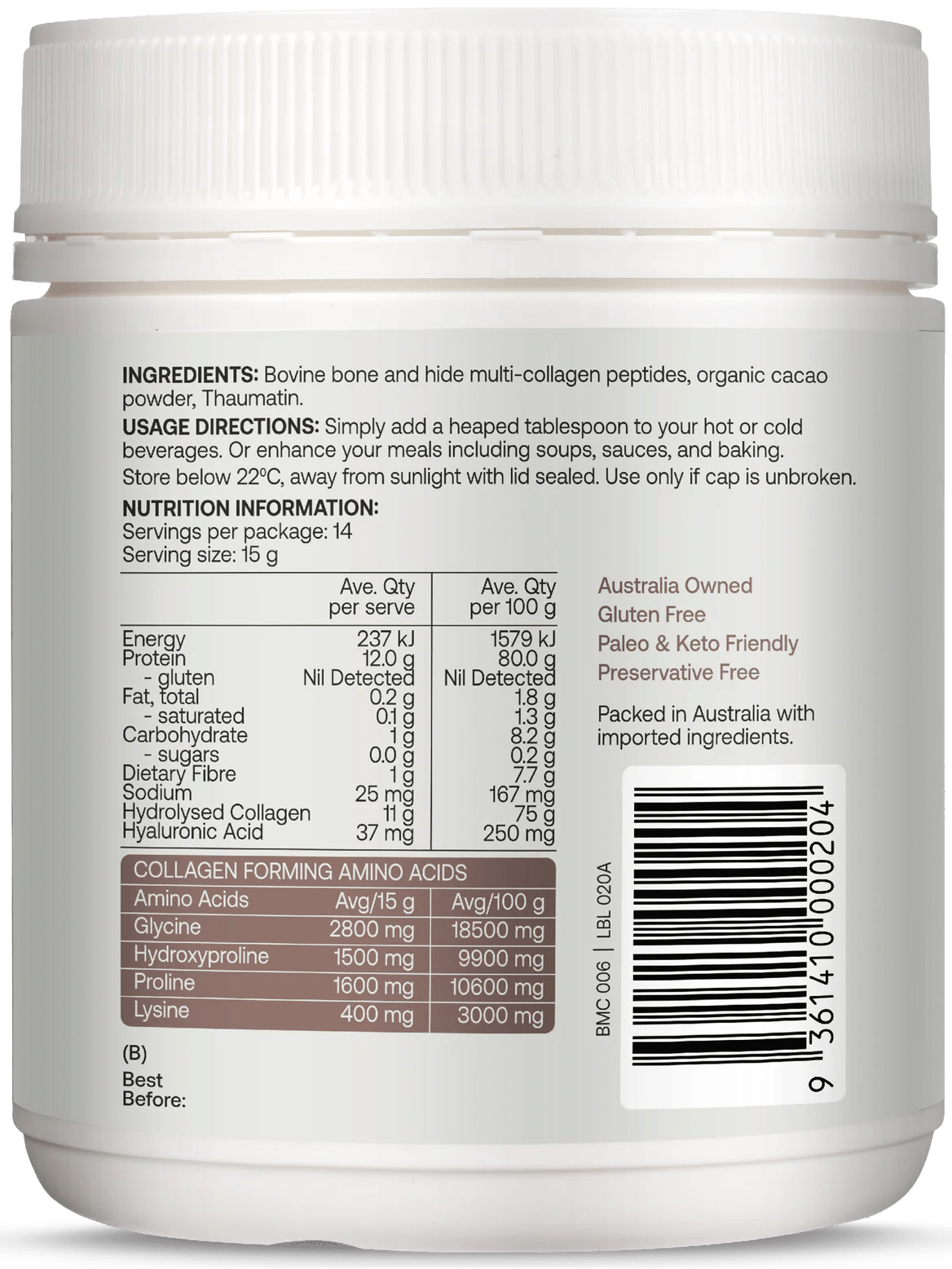 Multi - Collagen Protein Peptides - Raw Organic Cacao - 210g - Yo Keto