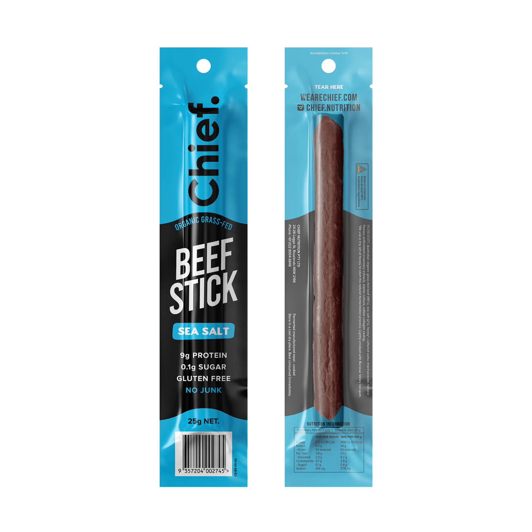 Organic Beef Stick - Sea Salt - Box of 12 by Chief, savoury low-carb keto jerky from Aussie grass-fed beef.