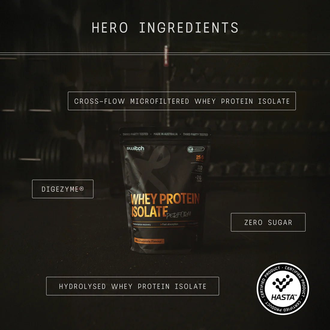 A bag of Switch Nutrition Perform Whey Protein Isolate - Chocolate 750g rests on a gym floor, with labels highlighting rapid absorption, cross-flow microfiltered whey protein isolate, Digezyme, lactose-free, zero sugar, and hydrolysed whey.