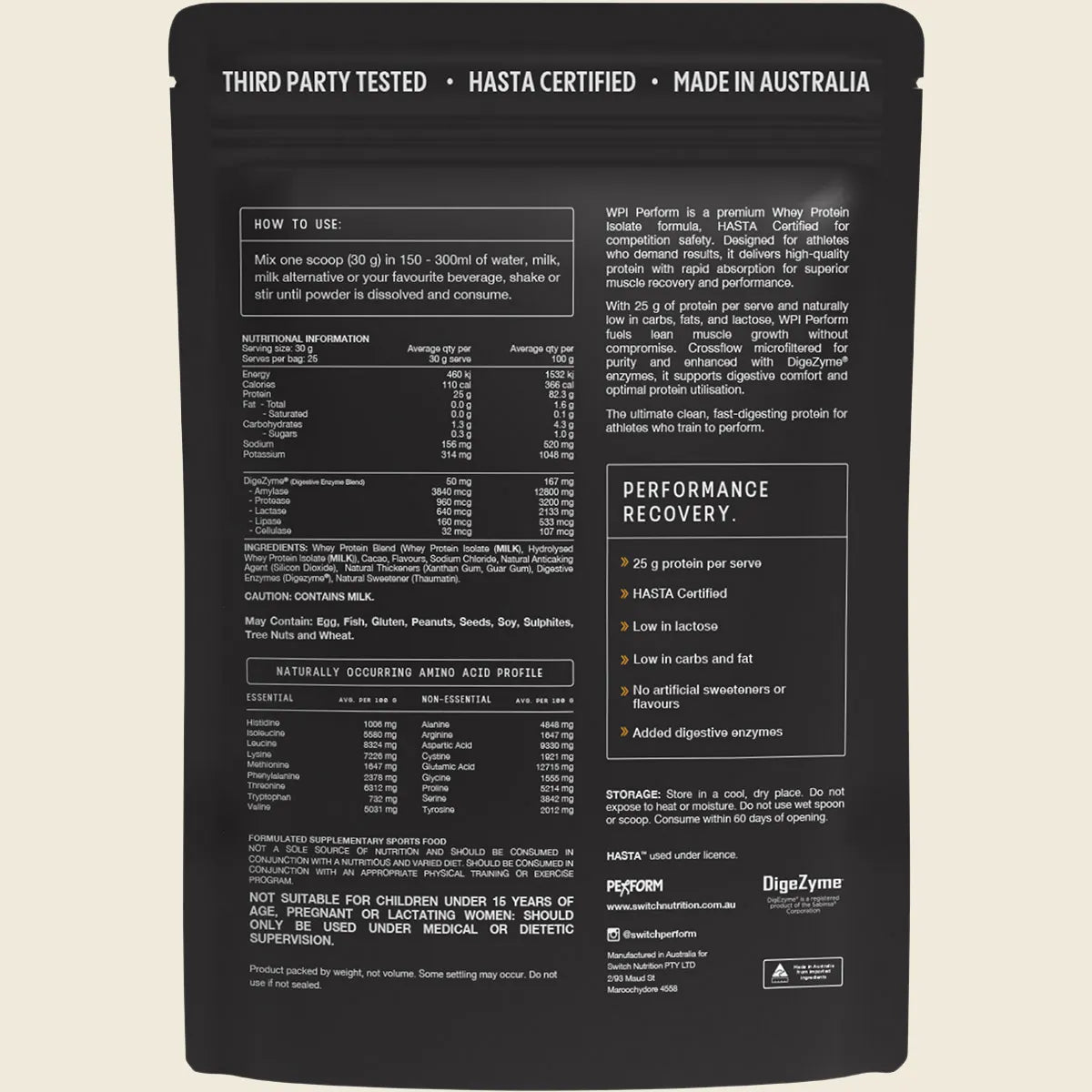 Back of Switch Nutrition Perform Whey Protein Isolate – Chocolate 750g pouch displays white text on black with nutrition facts, usage guide, amino acid profile, ingredients, highlights (lactose-free, rapid absorption), cautions, and certifications.