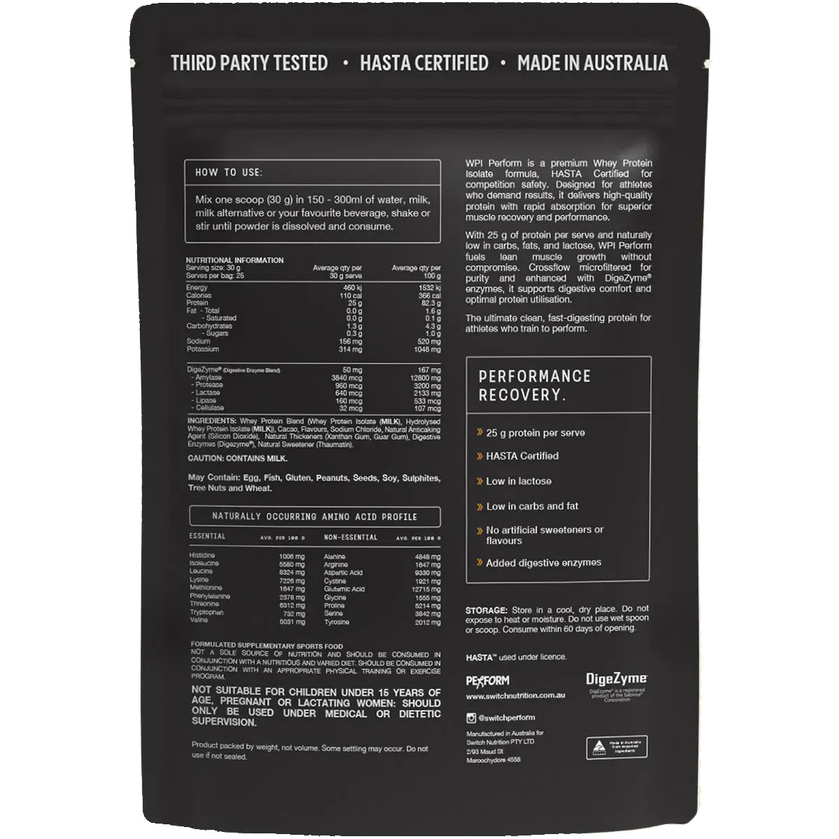 Back of Perform Whey Protein Isolate - Chocolate 750g by Switch Nutrition showing usage instructions, nutrition facts, and ingredient details.