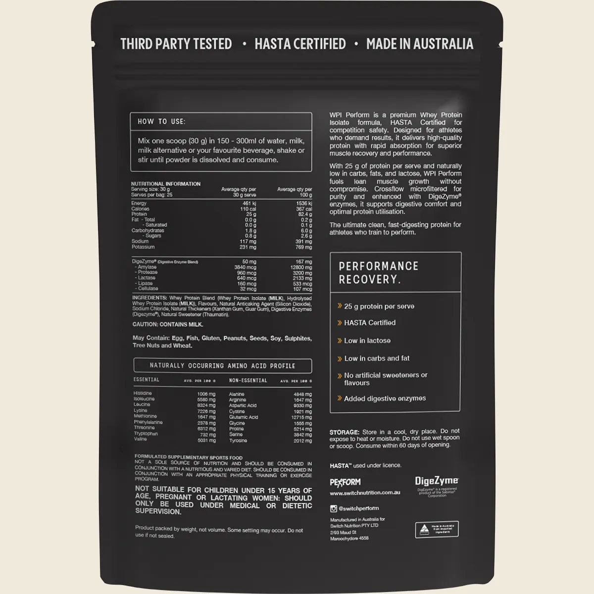 Back view of a Switch Nutrition Perform Whey Protein Isolate - Vanilla 750g pack displaying nutrition facts, ingredients, amino acid profile, usage directions, certifications, and benefits for performance and recovery.