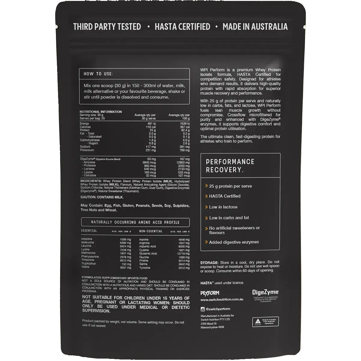 Back of Perform Whey Protein Isolate - Vanilla 750g by Switch Nutrition showing nutrition, ingredients, and usage instructions.