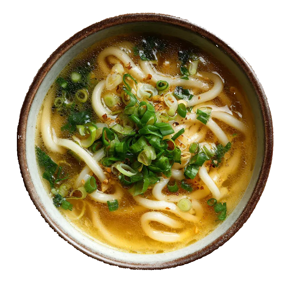 Bowl of soup with noodles and green onions on a white background