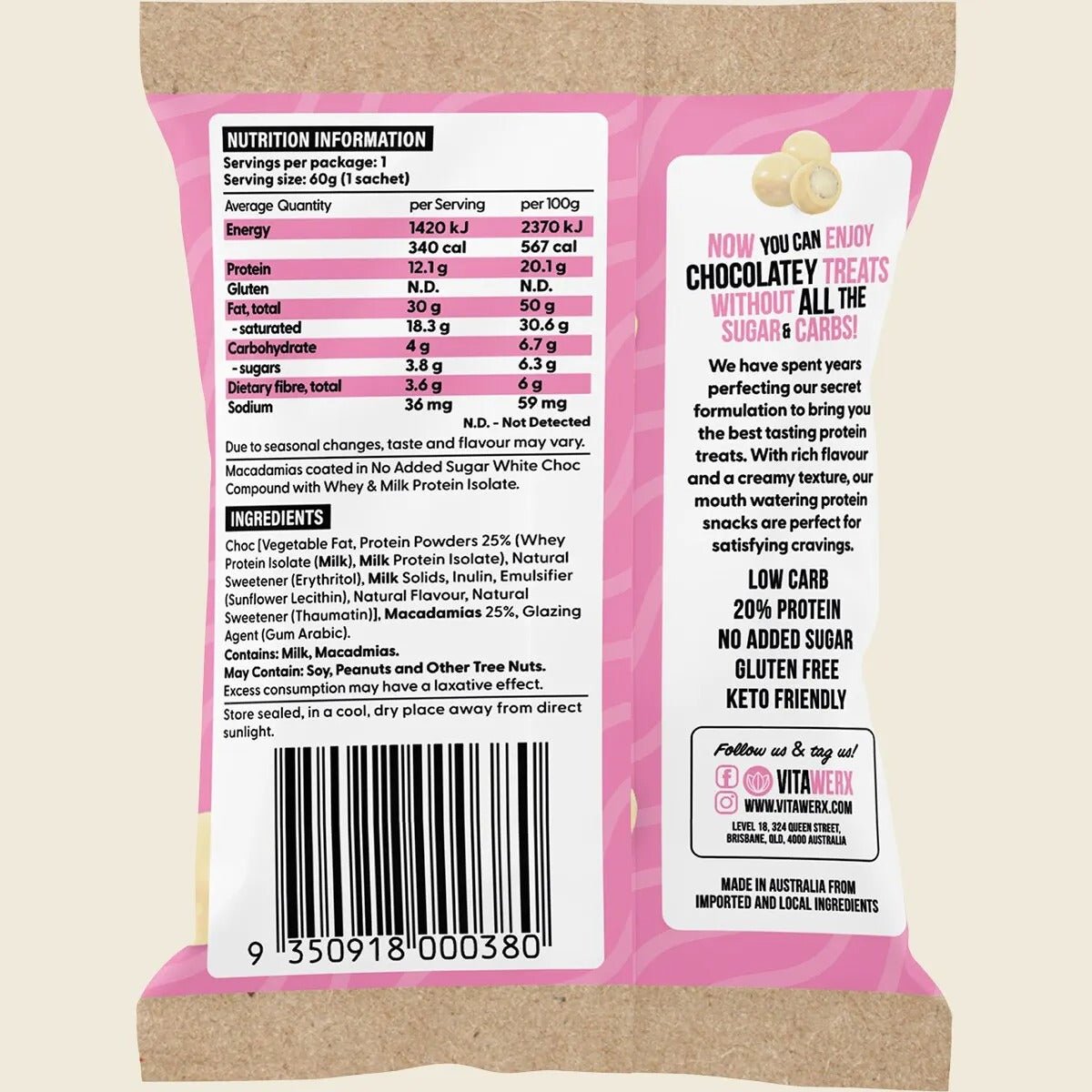 Protein White Choc Coated Macadamias - 60g - Yo Keto