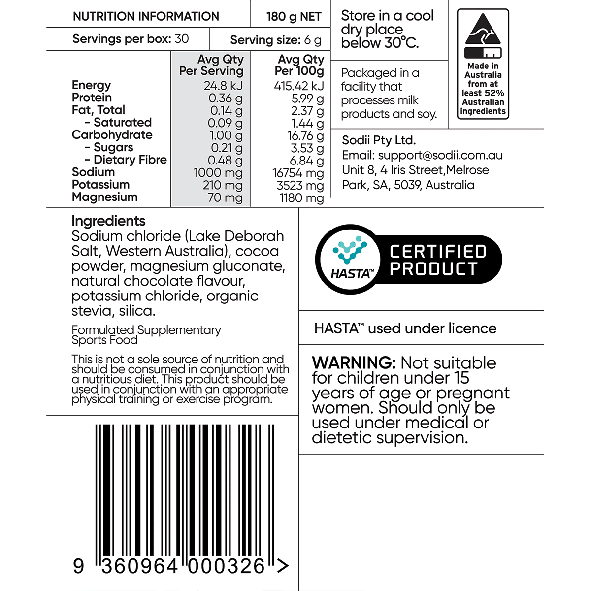 Nutrition facts, ingredients, and safety warning for Sodii Salty Chocolate - 30 Sachets, a keto-friendly, low carb electrolyte supplement made in Australia.