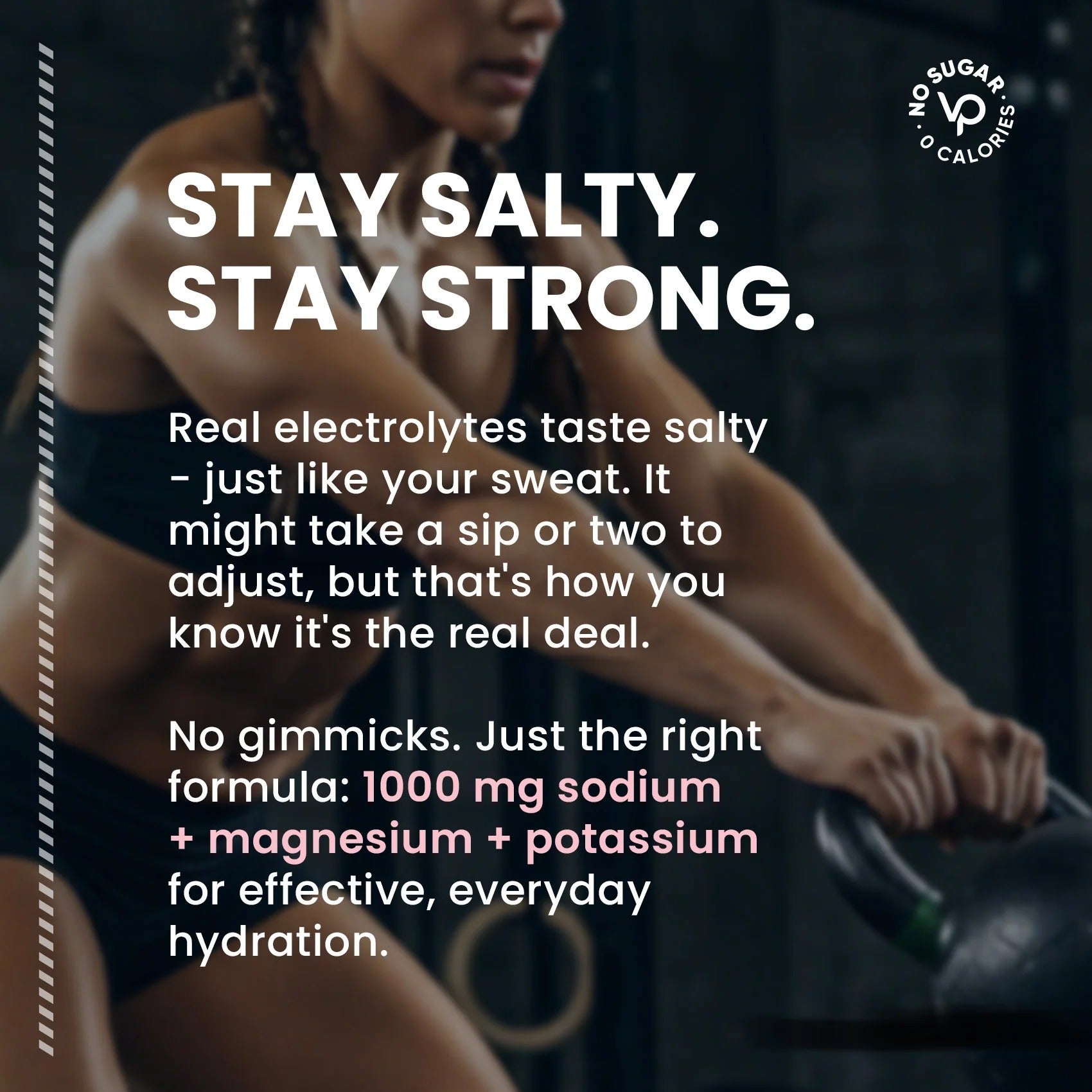 Text graphic highlighting 1000 mg sodium plus magnesium and potassium in electrolyte formula for everyday hydration with a dark background and a fit person preparing to exercise, promoting Strawberry Lemonade Electrolyte Drink Mix - 30 Sticks by Venture Pal.