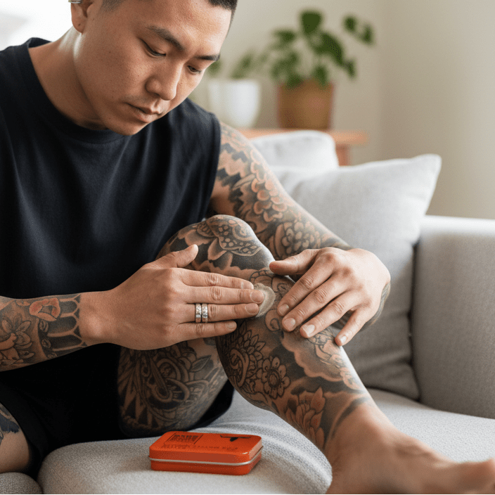Strongly masculine-presenting Asian non-binary person applying Tattoo Tallow Balm