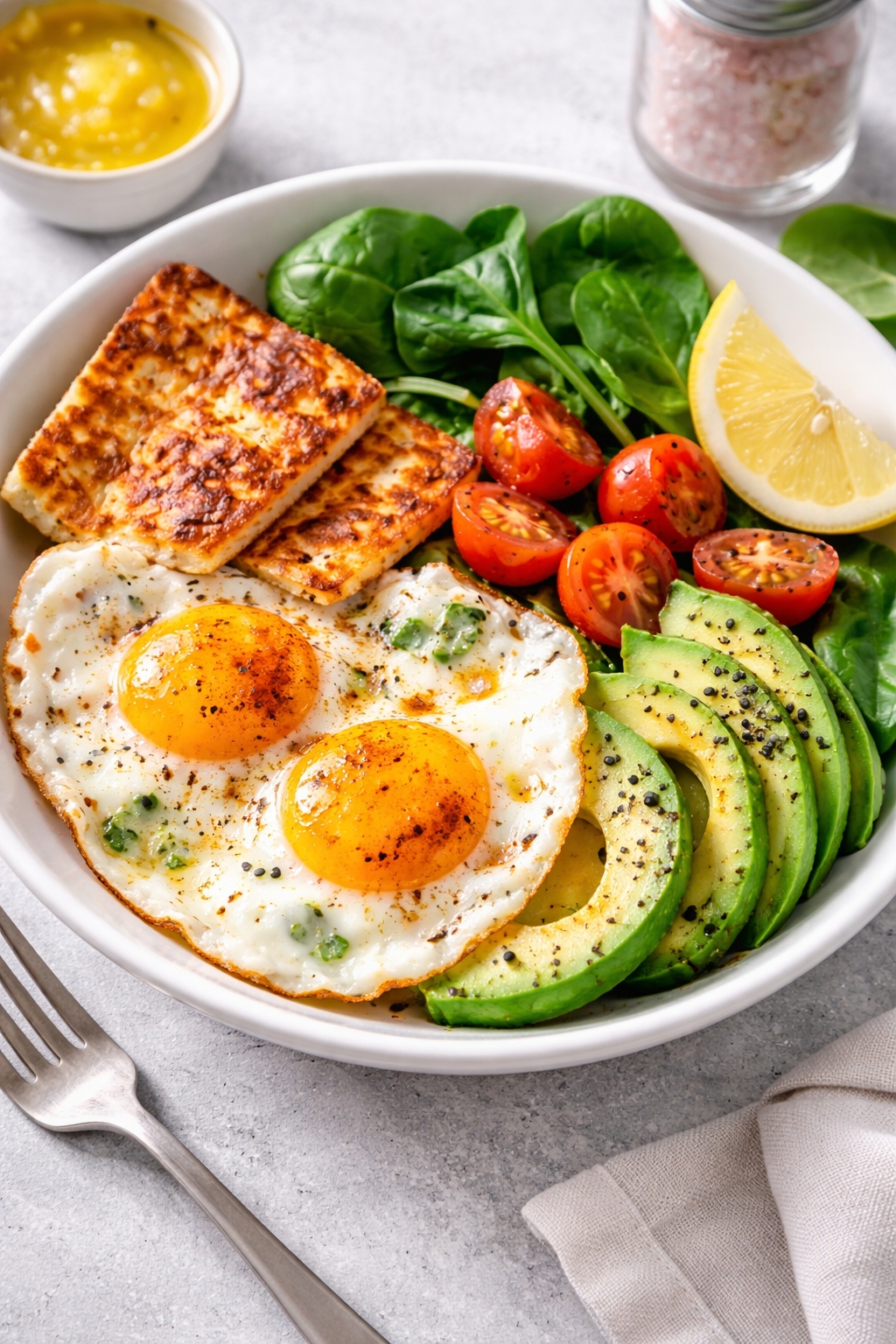 Keto Savoury Breakfast Bowl (Halloumi, Avocado &amp; Spiced Eggs)