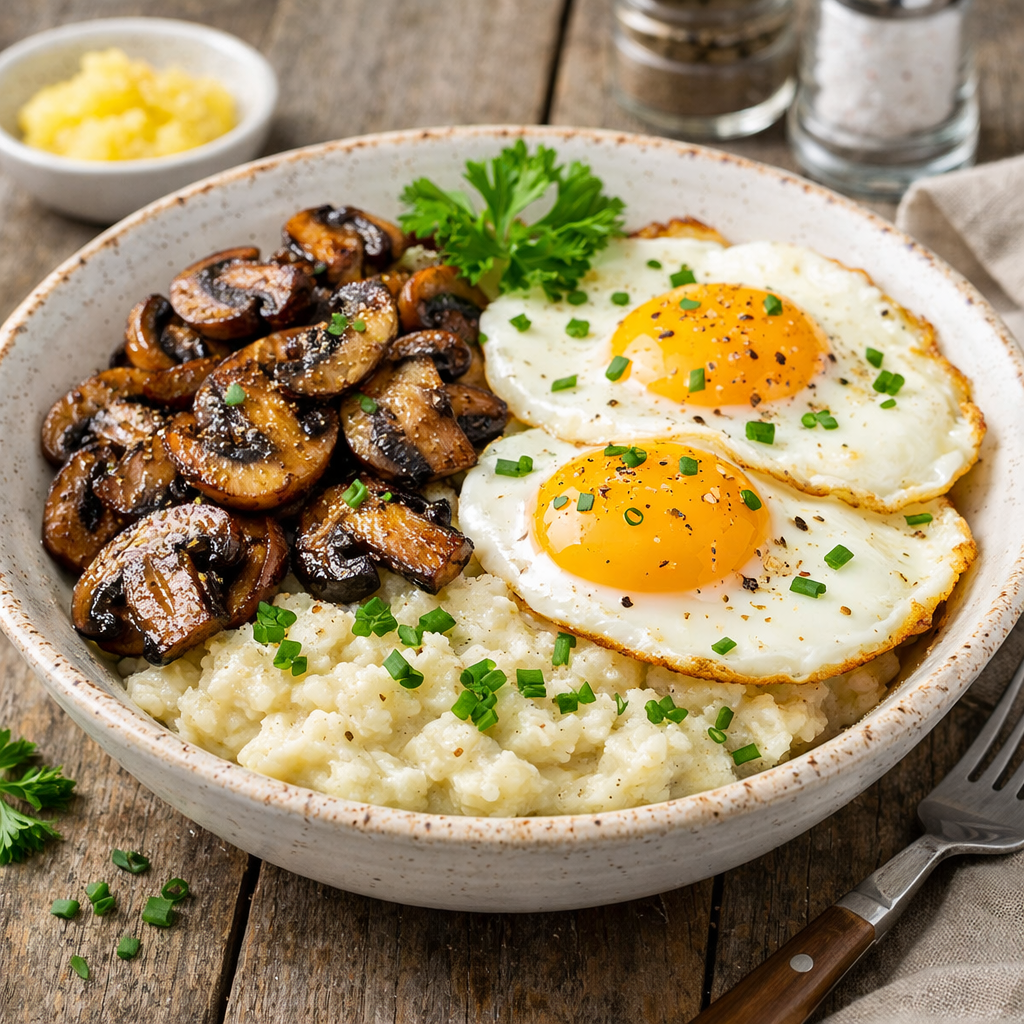 Savoury Keto Breakfast Bowl with Crispy Mushrooms & Eggs