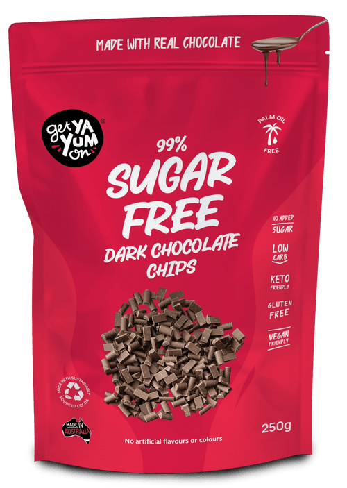 Package of Get Ya Yum On 99% Sugar Free 65% Dark Chocolate Chips 250g featuring keto-friendly, low carb, and vegan dark chocolate with no palm oil.
