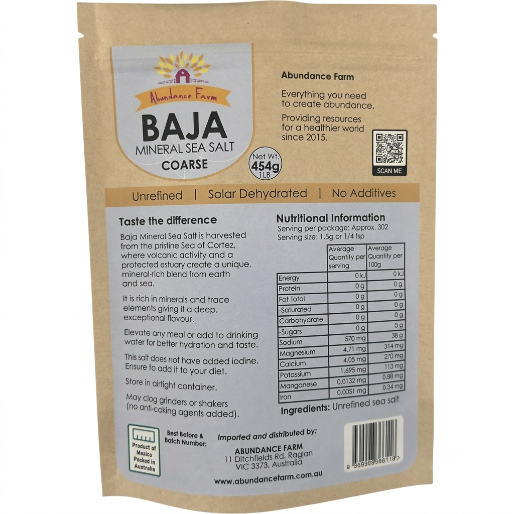 Package of Abundance Farm Baja Mineral Sea Salt with nutritional information and branding details.