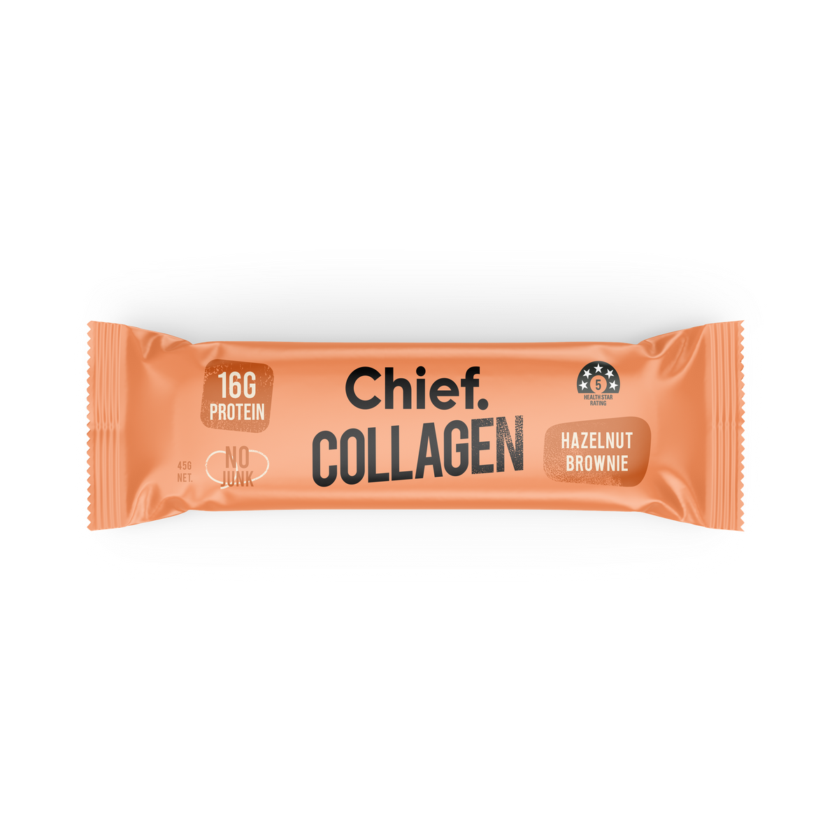 Chief Collagen Bar Hazelnut Brownie 45 g, front of wrapper