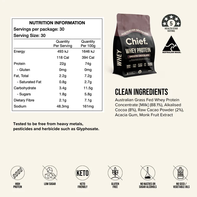 Grass-fed Whey Protein Powder - Smooth Chocolate - 900g