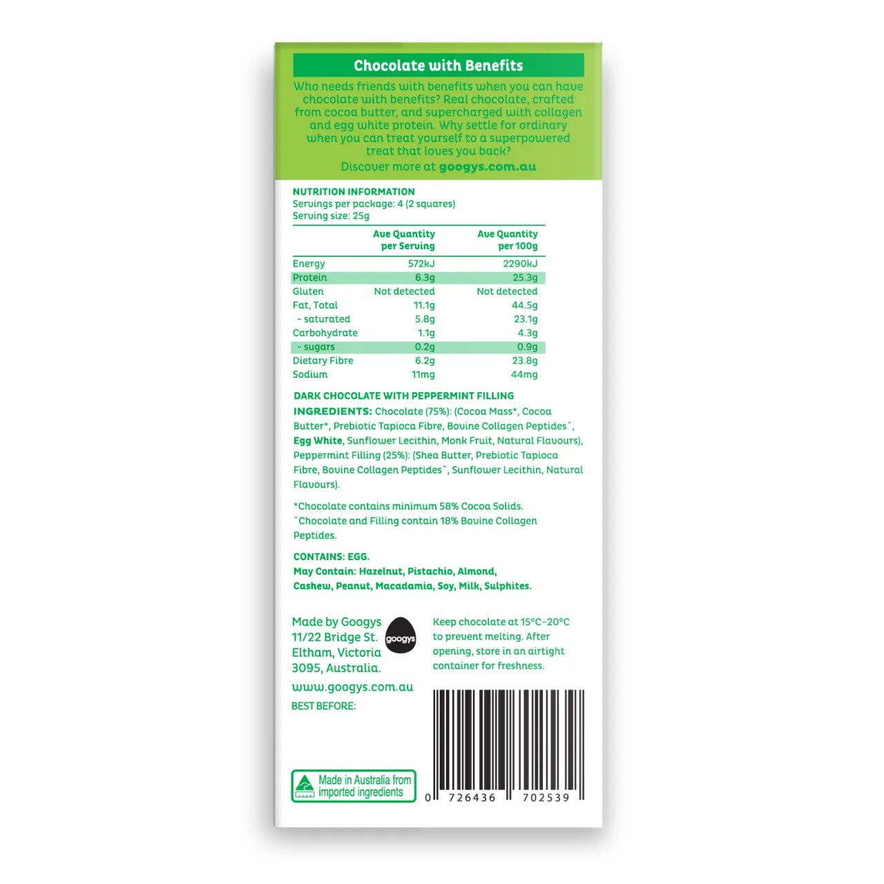 Peppermint Protein Chocolate Bar - 100g