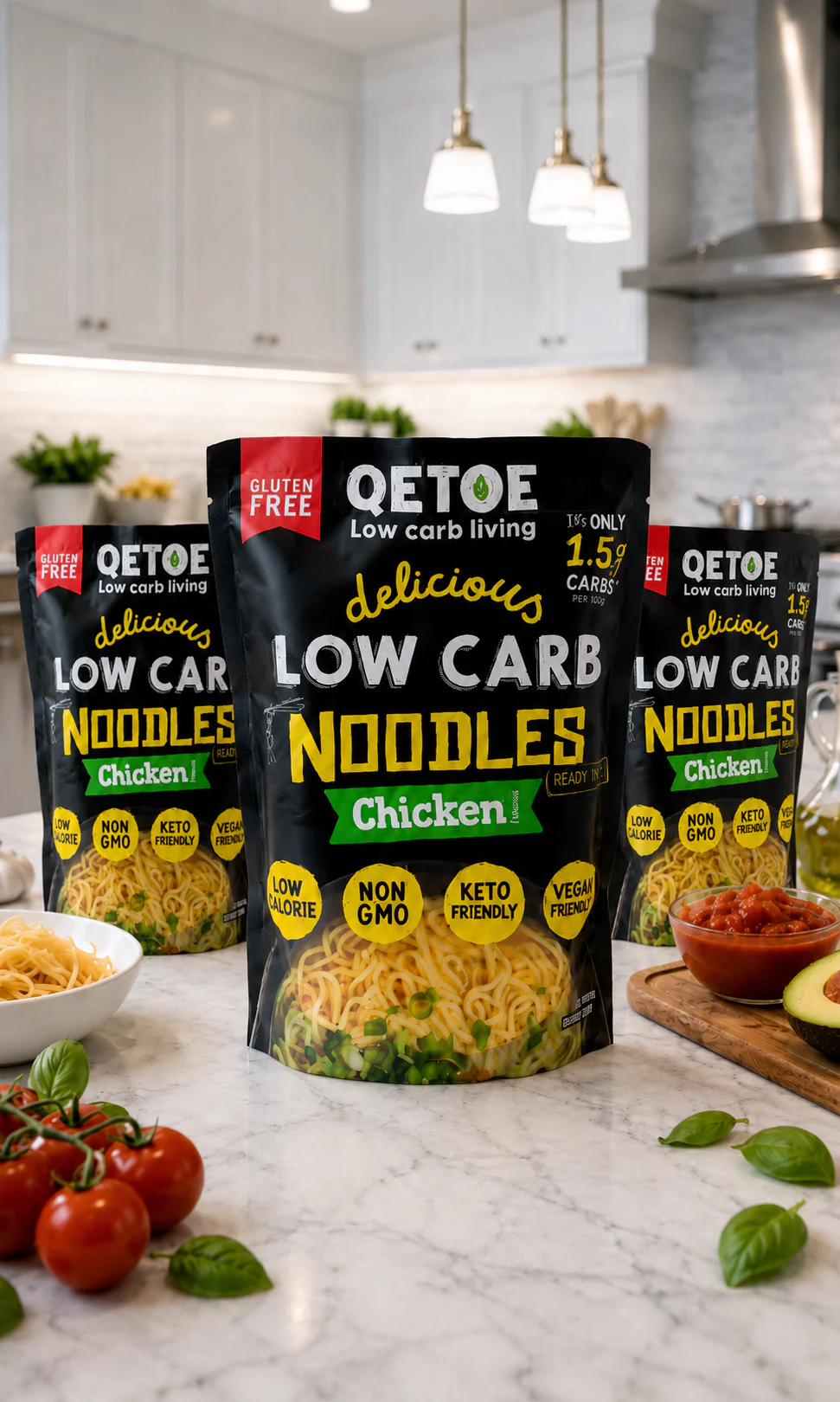 Packages of QETOE low carb noodles on a kitchen counter with ingredients.