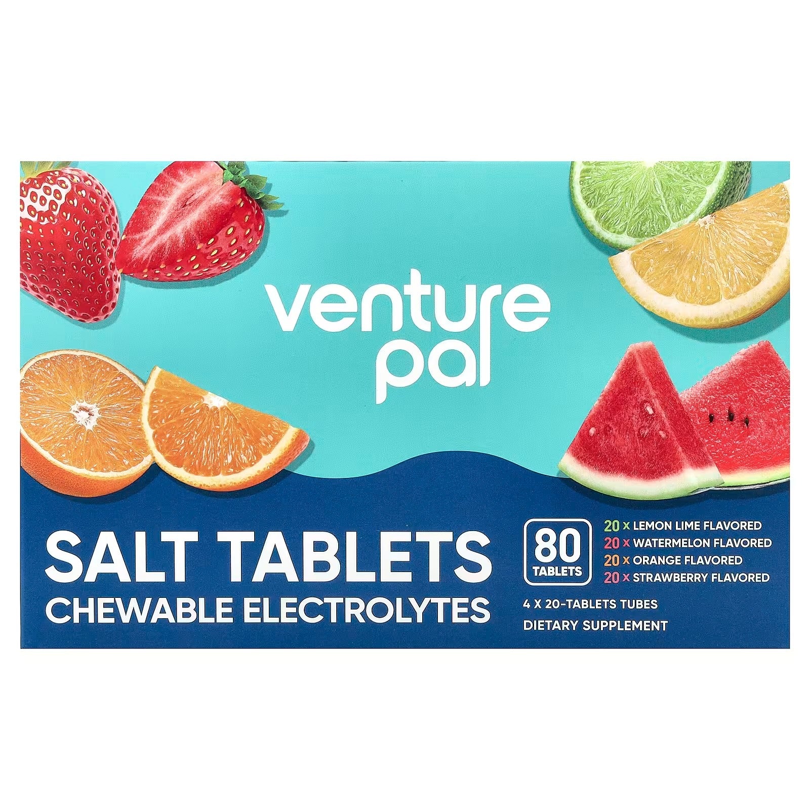 Box of venture pal salt tablets with fruit illustrations on a blue background