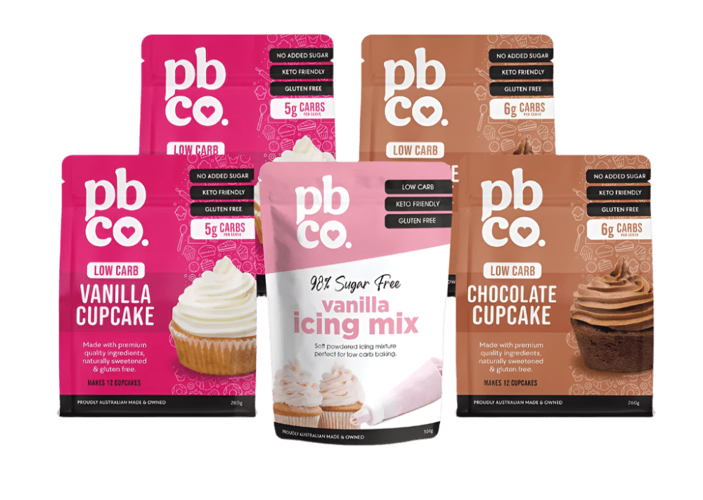 Bake & Ice' Low Carb Cupcake Bundle by PBCo. featuring vanilla and chocolate cupcake mixes with sugar-free icing mix.