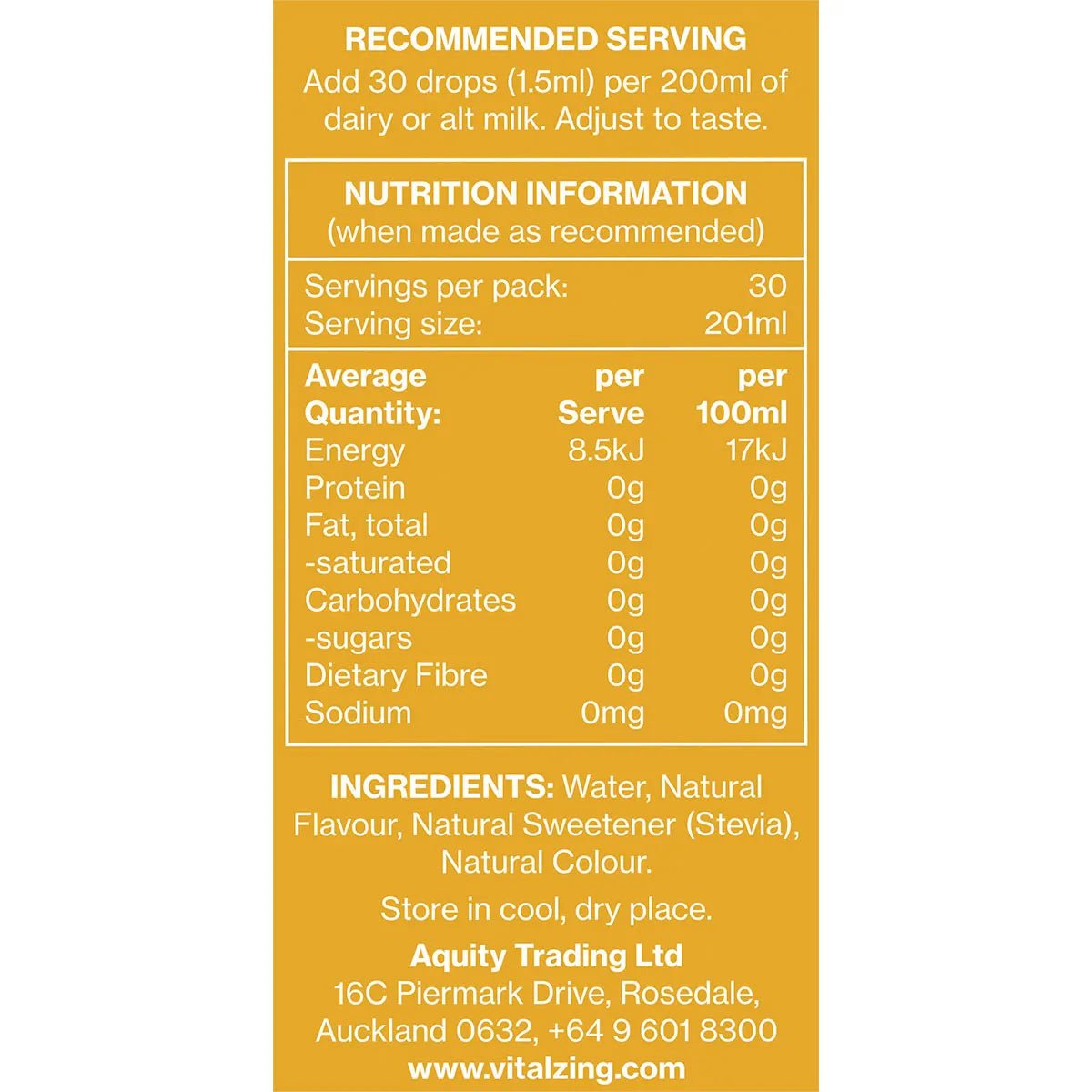 Nutrition facts and ingredients panel for Banana MilkDrops - 40ml by Vitalzing with serving and storage details.
