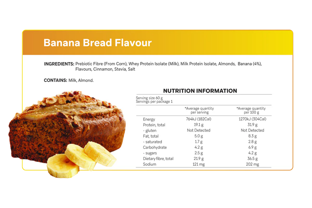 Nutrition information and ingredients for Banana Bread Smart Protein Bars x 12 from Smart Diet Solutions, with local Australian stock.