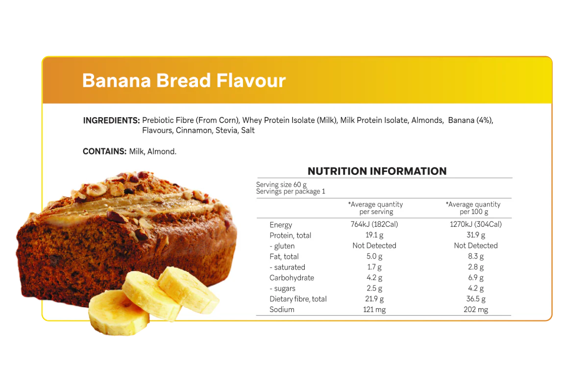 Nutrition information and ingredients for Banana Bread Smart Protein Bars x 12 from Smart Diet Solutions, with local Australian stock.