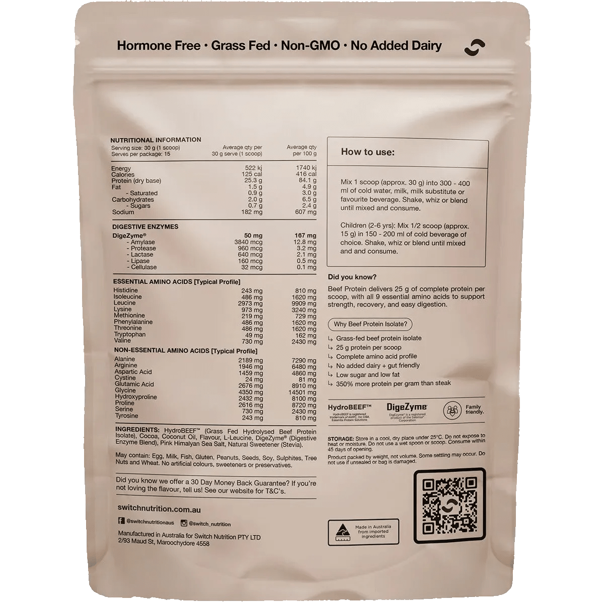 Back of Switch Nutrition Beef Protein Isolate - Chocolate Sea Salt - 450g pack showing nutrition, ingredients, and usage details.