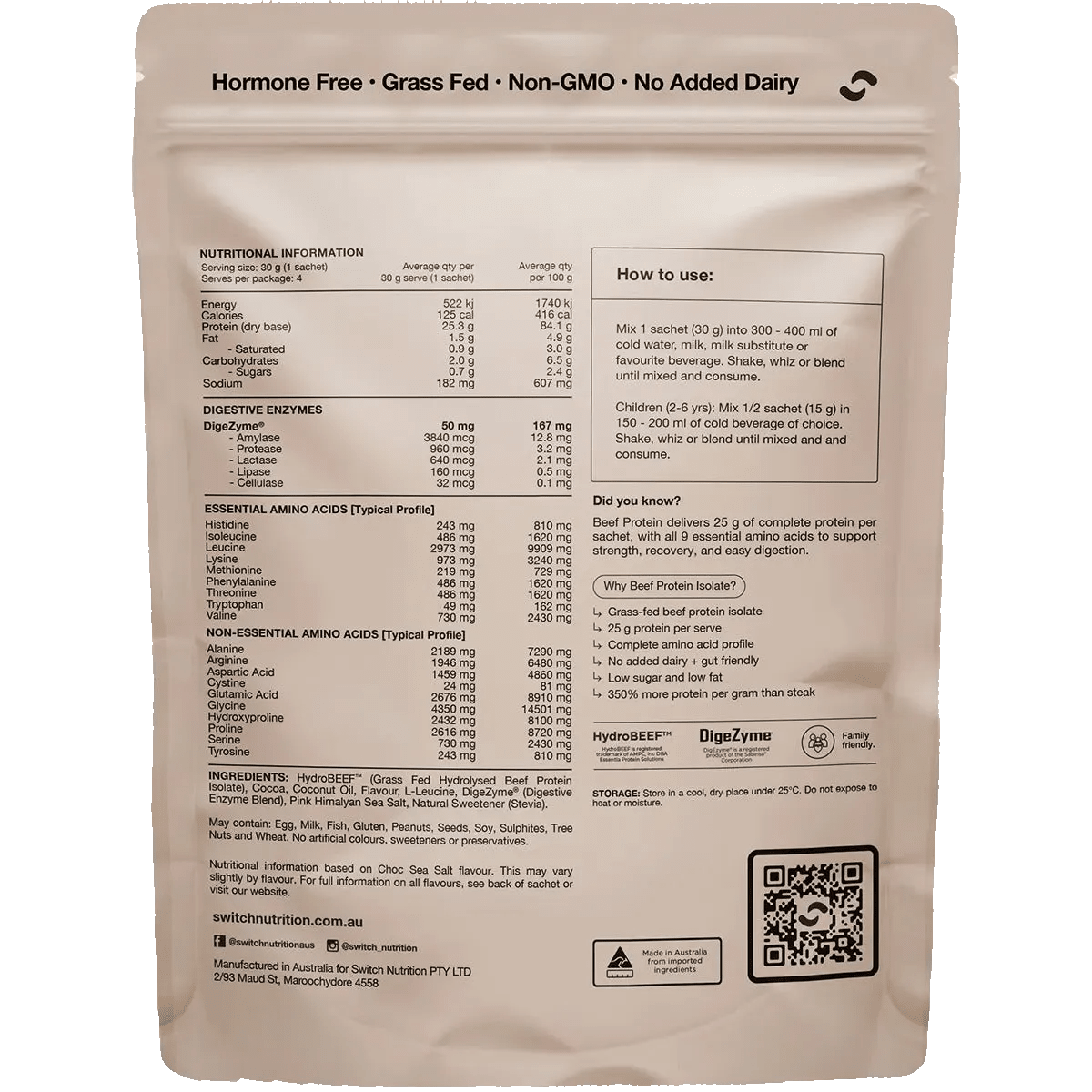 Back of a protein powder package with nutritional information and usage instructions.