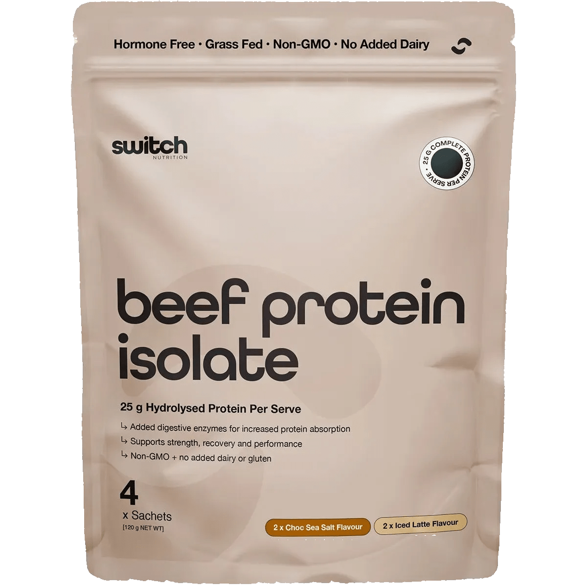 Beige package of beef protein isolate with Switch branding on a white background