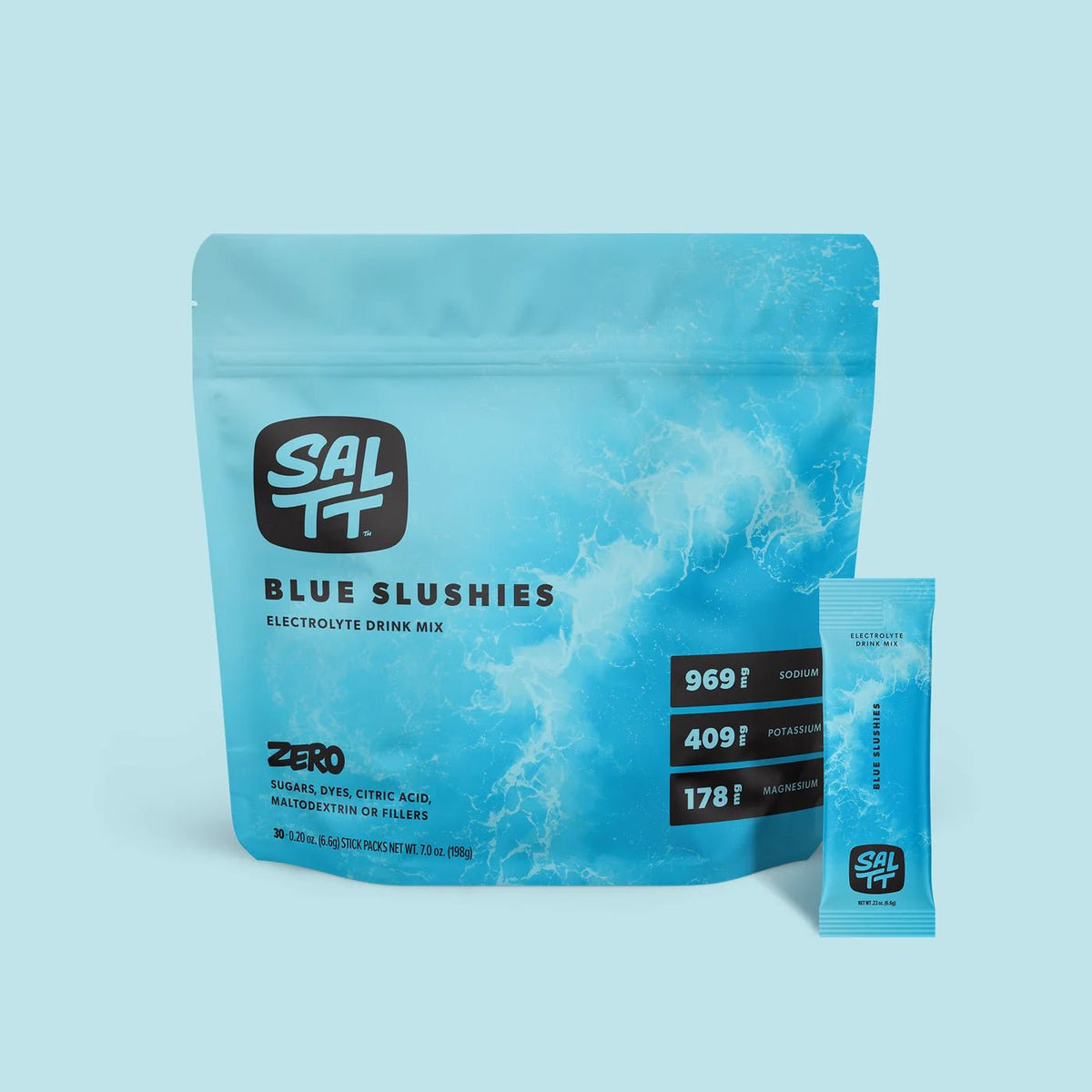Blue Slushies - 30 Sticks electrolyte drink mix by SALTT with detailed mineral content in blue resealable pouch