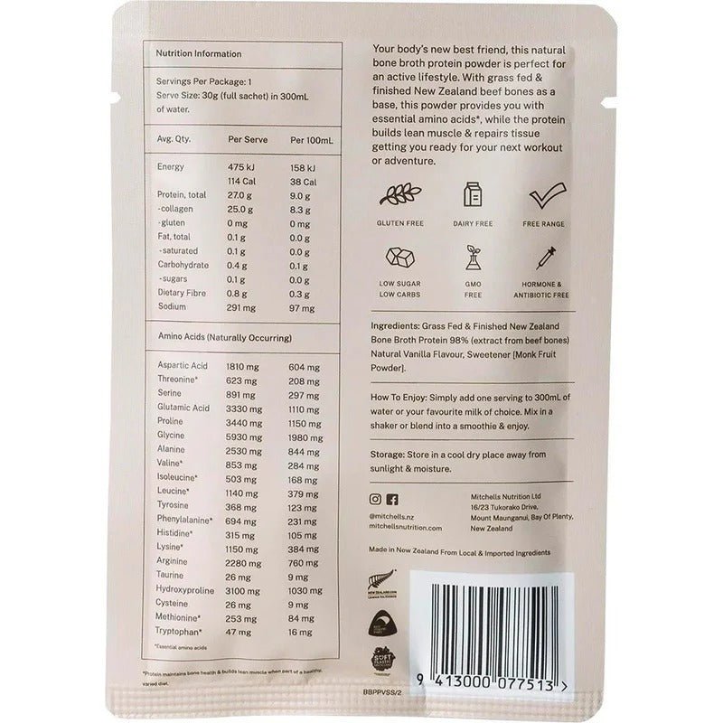 Back of Bone Broth Protein Powder Sample Bundle showing nutrition facts, ingredients, and usage by Mitchells Nutrition.