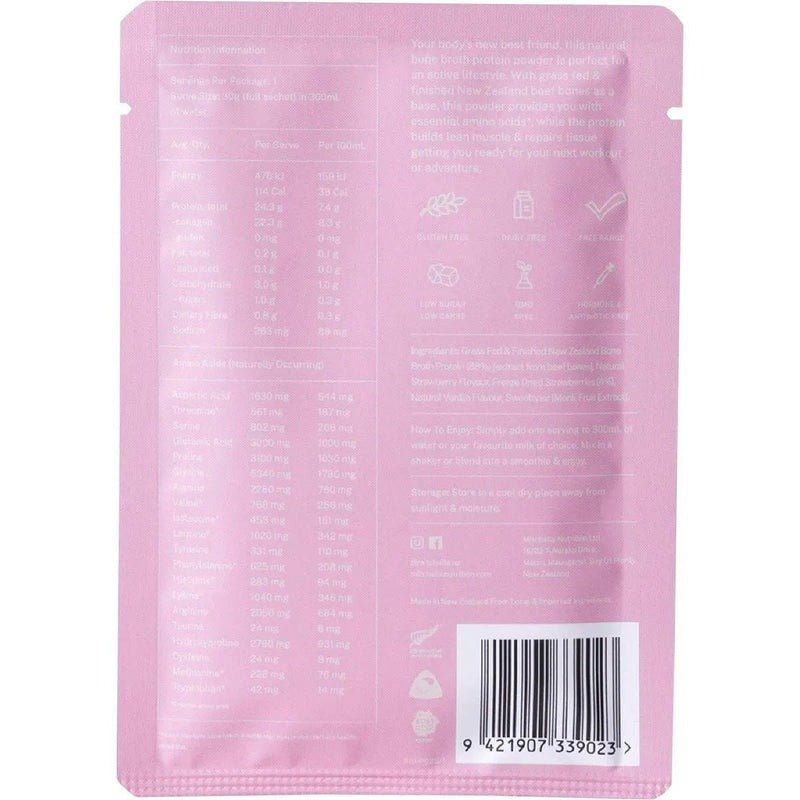 Back of pink Bone Broth Protein Powder Sample Bundle packaging by Mitchells Nutrition showing nutrition and ingredient details