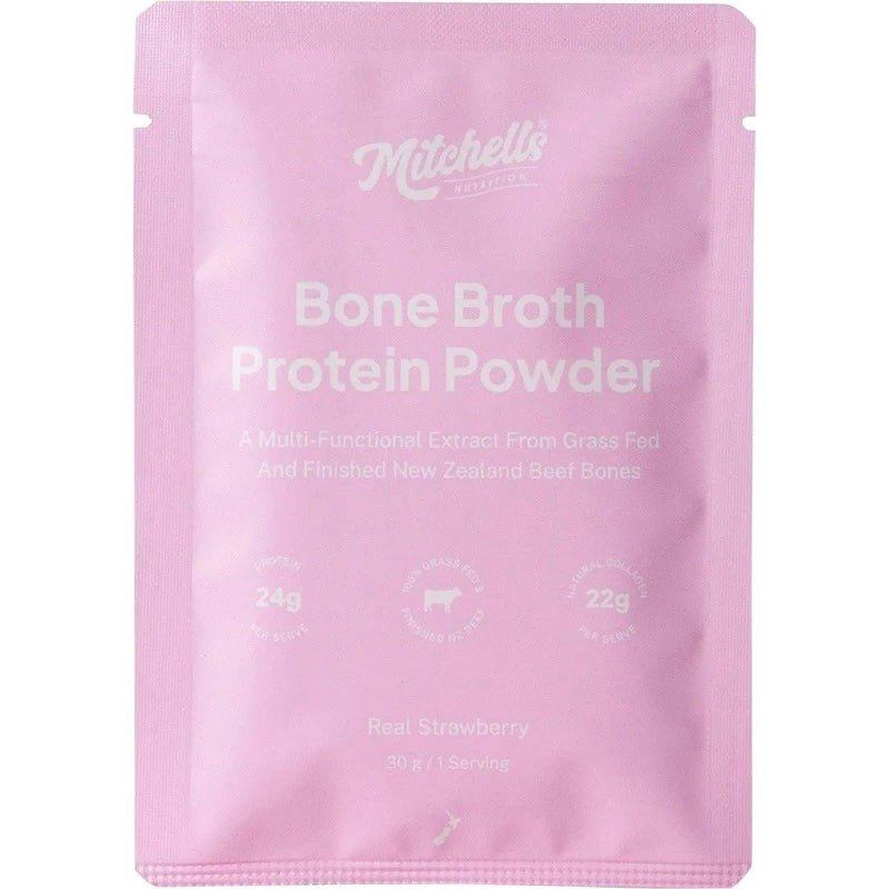 Bone Broth Protein Powder Sample Bundle by Mitchells Nutrition in pink packaging, strawberry flavored protein powder pouch.